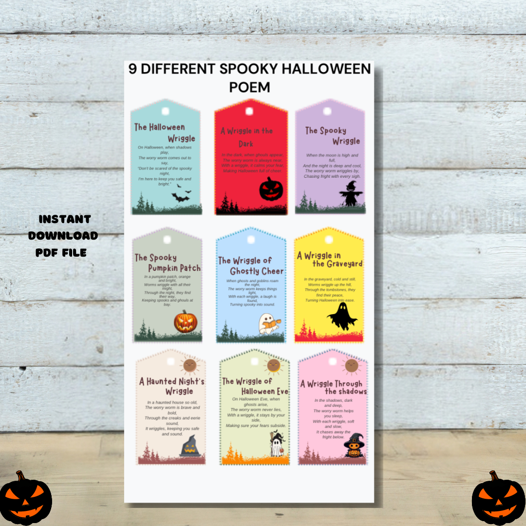 Set of 9 Colorful Spooky Halloween Poem Postcard Tags-Party Favor - Jassdigitalbasics # # Jassdigitalbasics