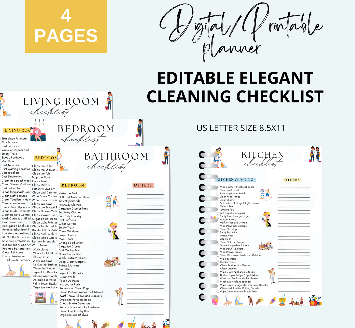Editable Elegant Cleaning Check list Bundle, Bathroom, living room, bedroom, kitchen - Jassdigitalbasics # # Jassdigitalbasics