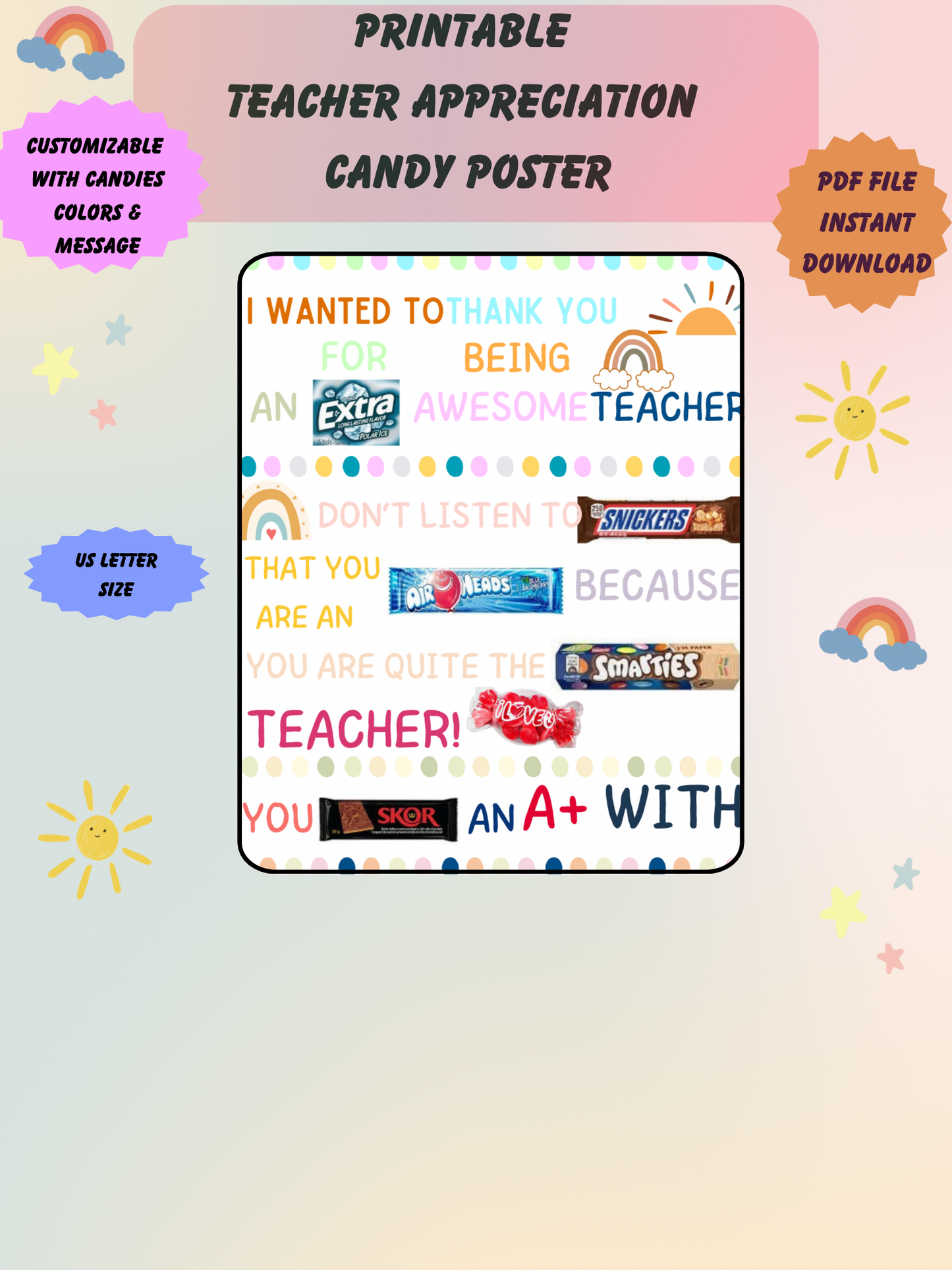 Teacher Appreciation Candy Poster-Gift for Teachers-Gift Idea - Jassdigitalbasics # # Jassdigitalbasics