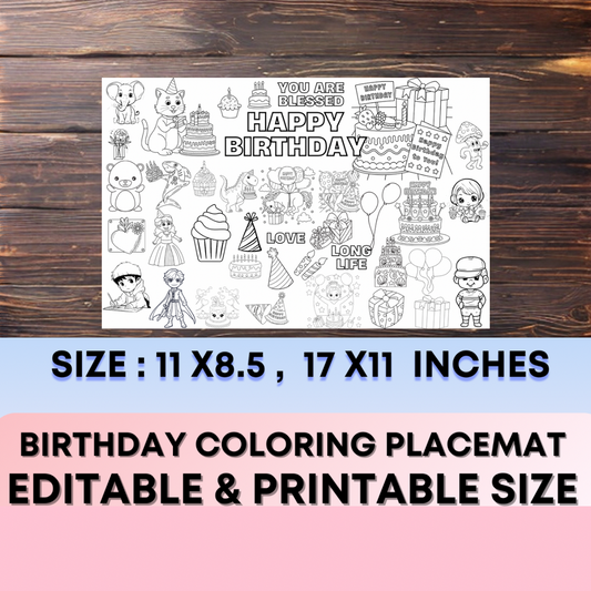 Editable Birthday Coloring Placemat Set-Fun Birthday Gift - Jassdigitalbasics # # Jassdigitalbasics