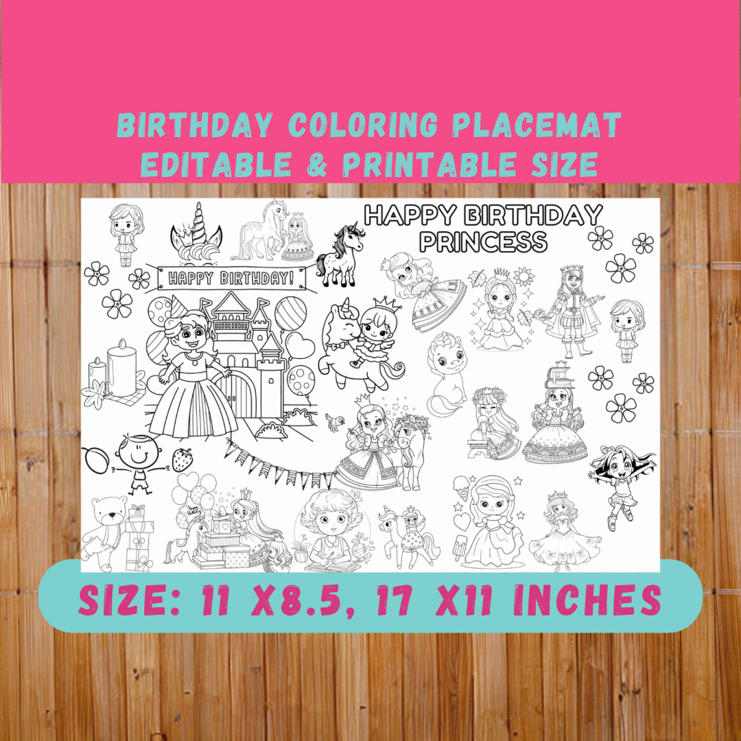 Editable Birthday Coloring Placemat-Kids Activity Mat-Washable Mat - Jassdigitalbasics # #