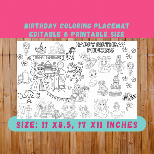 Editable Birthday Coloring Placemat-Kids Activity Mat-Washable Mat - Jassdigitalbasics # # Jassdigitalbasics