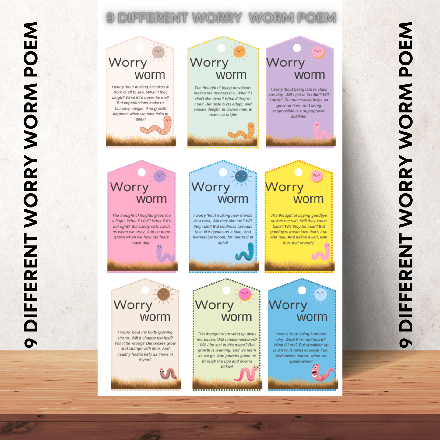 Colorful Worry Worm Poem Postcard Set- 9 Different Tags Stationery gift - Jassdigitalbasics # # Jassdigitalbasics