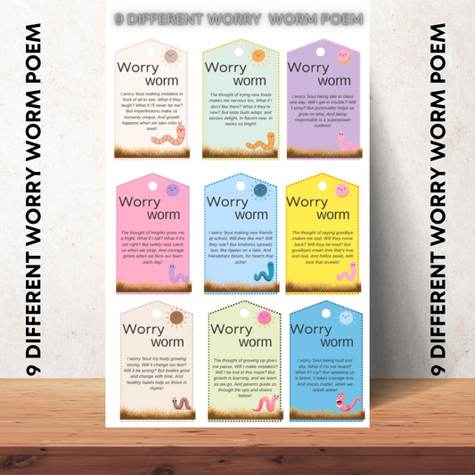 Colorful Worry Worm Poem Postcard Set- 9 Different Tags Stationery gift - Jassdigitalbasics # # Jassdigitalbasics