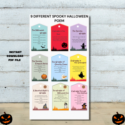 Set of 9 Colorful Spooky Halloween Poem Postcard Tags-Party Favor - Jassdigitalbasics # #
