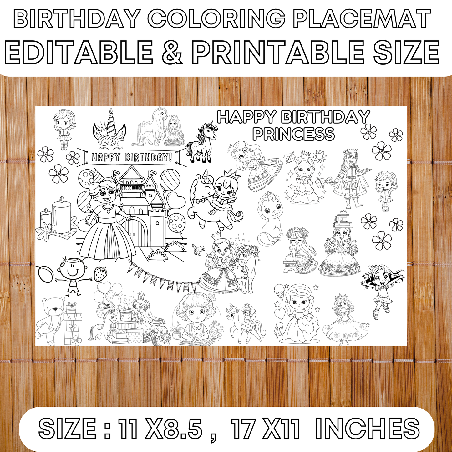 Editable Birthday Coloring Placemat-Kids Activity Mat-Washable Mat - Jassdigitalbasics # # Jassdigitalbasics