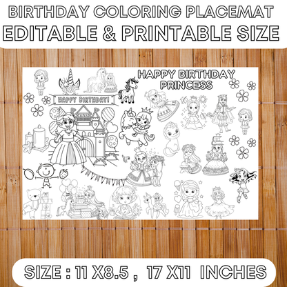 Editable Birthday Coloring Placemat-Kids Activity Mat-Washable Mat - Jassdigitalbasics # #