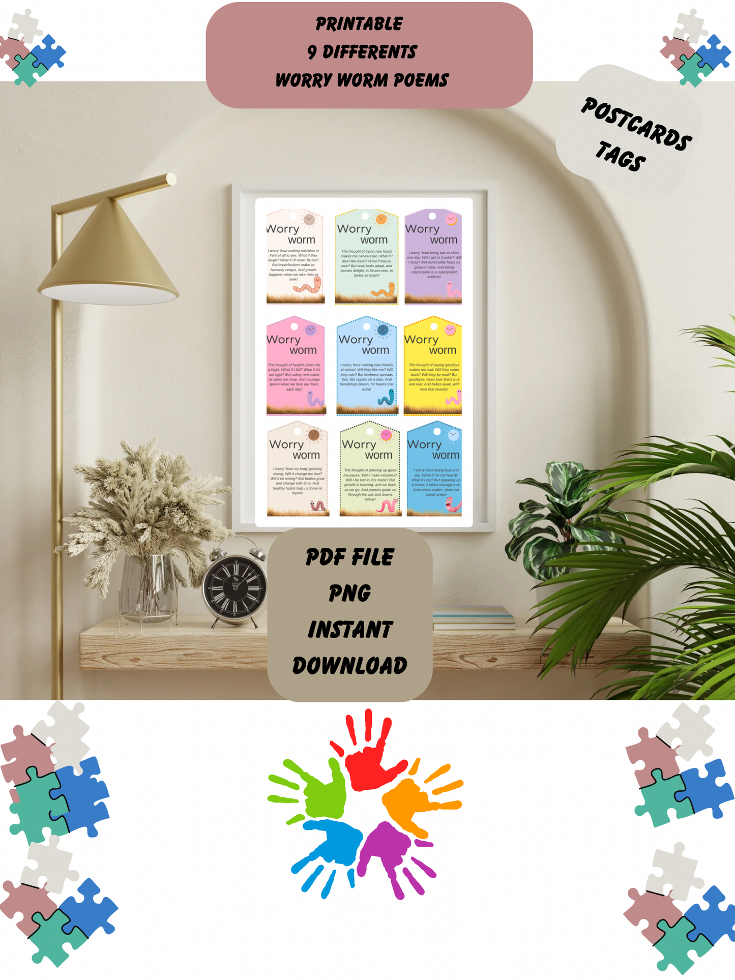 Colorful Worry Worm Poem Postcard Set- 9 Different Tags Stationery gift - Jassdigitalbasics # # Jassdigitalbasics