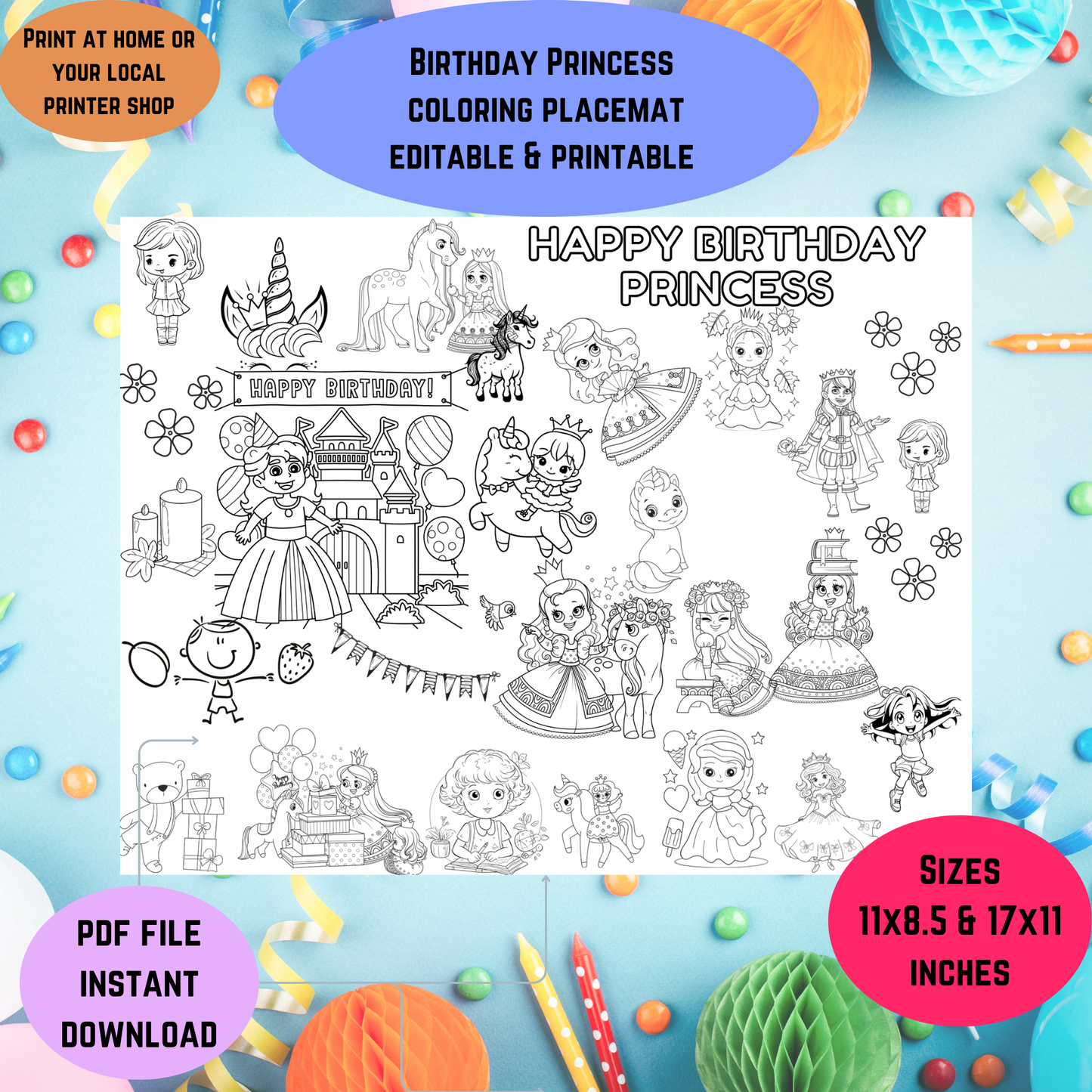 Editable Birthday Coloring Placemat-Kids Activity Mat-Washable Mat - Jassdigitalbasics # # Jassdigitalbasics