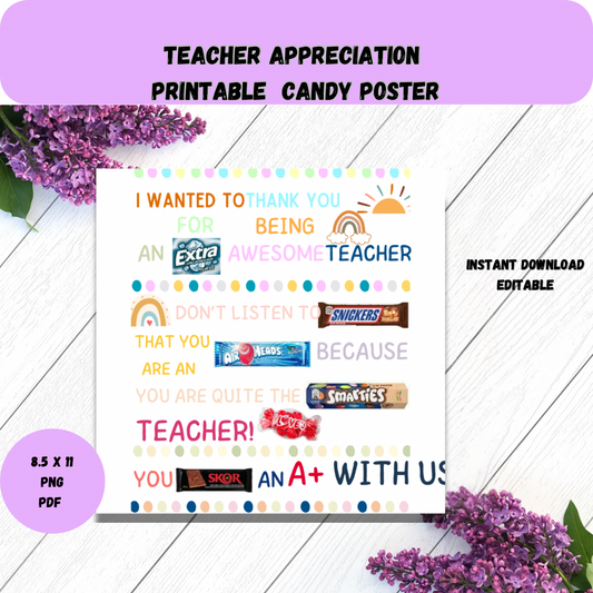 Teacher Appreciation Candy Poster-Gift for Teachers-Gift Idea - Jassdigitalbasics # # Jassdigitalbasics