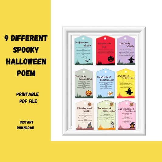 Set of 9 Colorful Spooky Halloween Poem Postcard Tags-Party Favor - Jassdigitalbasics # # Jassdigitalbasics