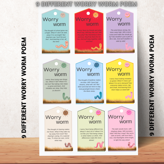 Colorful Worry Worm Poem Postcard Set- 9 Different Tags Stationery Gift - Jassdigitalbasics # # Jassdigitalbasics