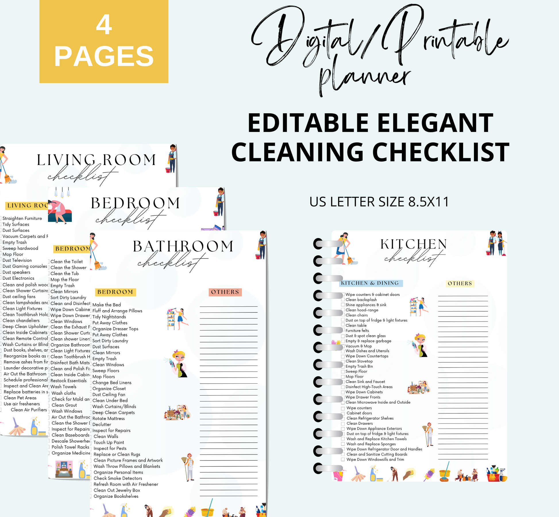 Editable Elegant Cleaning Check list Bundle, Bathroom, living room, bedroom, kitchen - Jassdigitalbasics # #