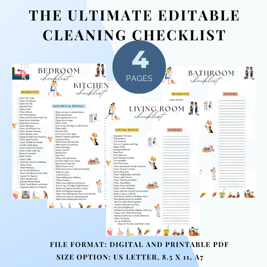 Editable Elegant Cleaning Check list Bundle, Bathroom, living room, bedroom, kitchen - Jassdigitalbasics # # Jassdigitalbasics